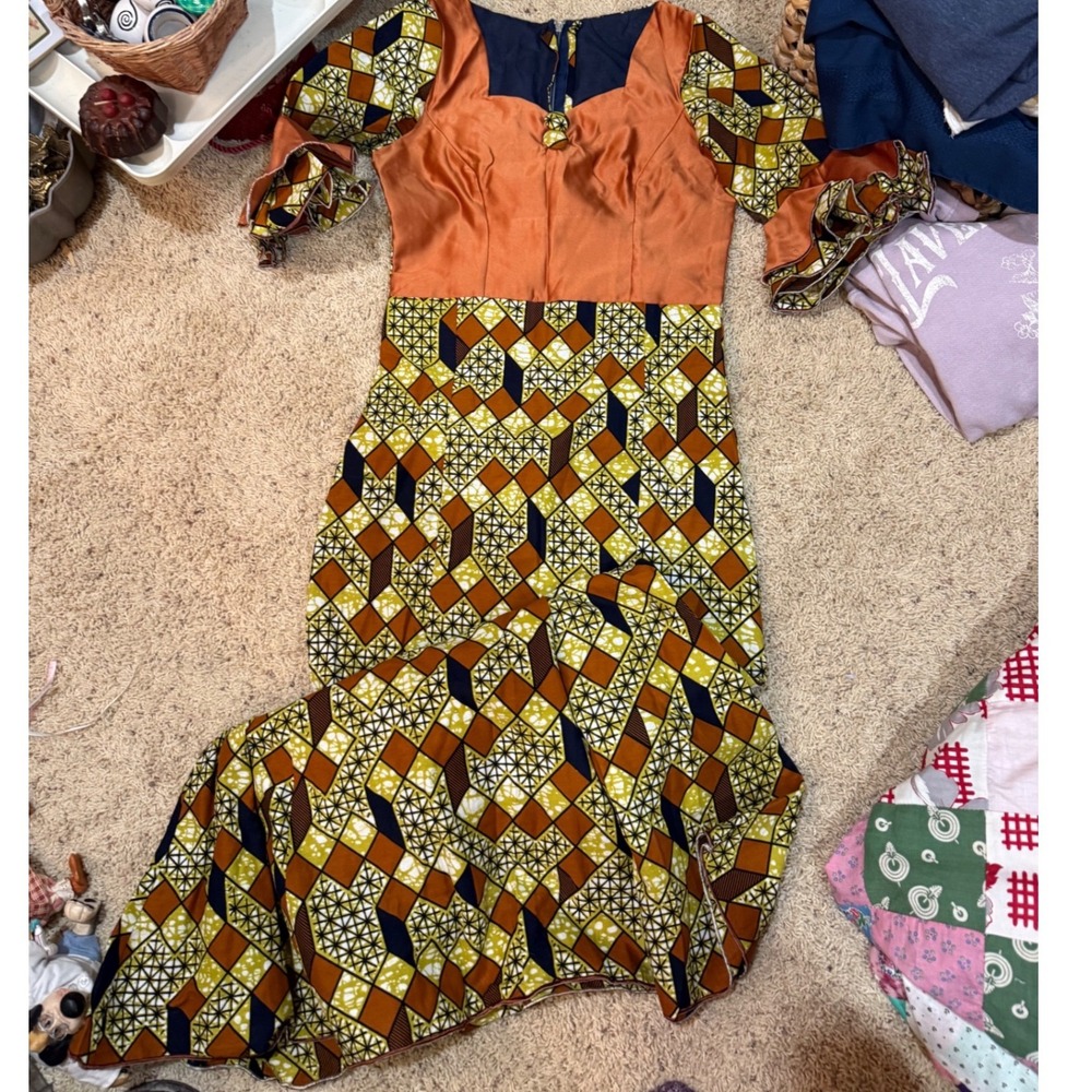 Vintage 1970s Handmade Maxi Dress Geometric Print Bell Sleeve Boho XS 32" Bust